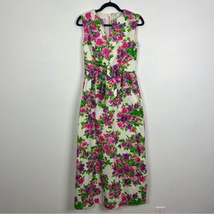 Malia Honolulu Vintage Maxi Dress Floral Vacation Tie Waist Zip Back